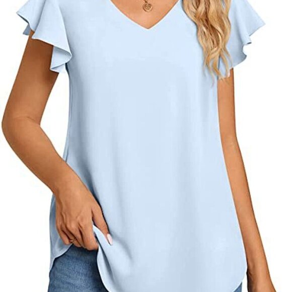 NWT TAOHUADAO SZ L Navy Blue Short Flutter-sleeve V-neck blouse top - Picture 2 of 7